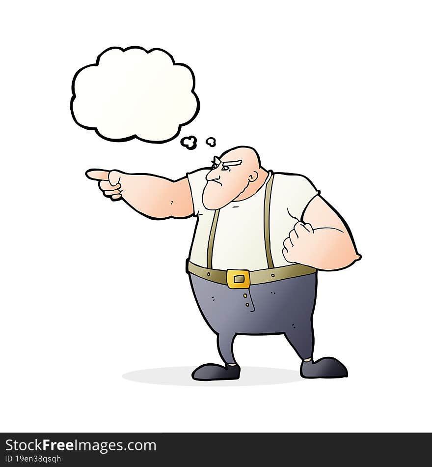 cartoon angry tough guy pointing with thought bubble