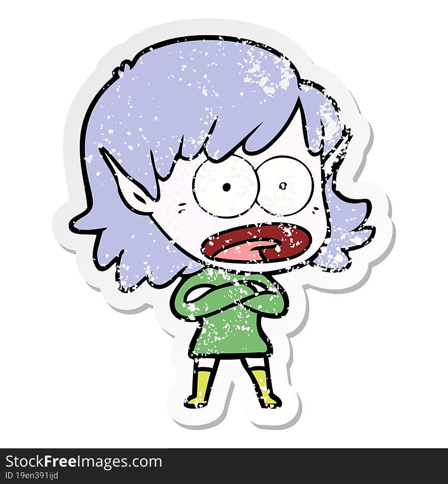 distressed sticker of a cartoon shocked elf girl