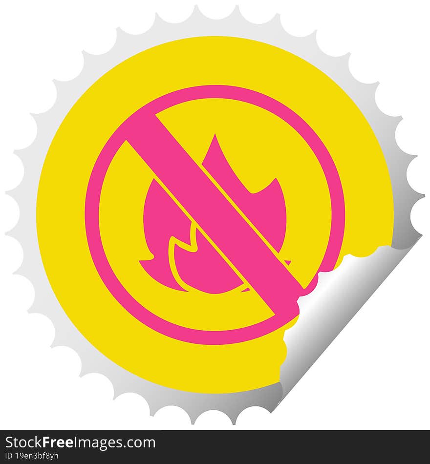 circular peeling sticker cartoon of a no fire allowed sign