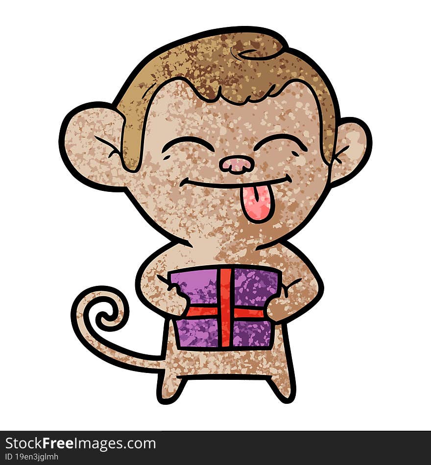 funny cartoon monkey with christmas present. funny cartoon monkey with christmas present