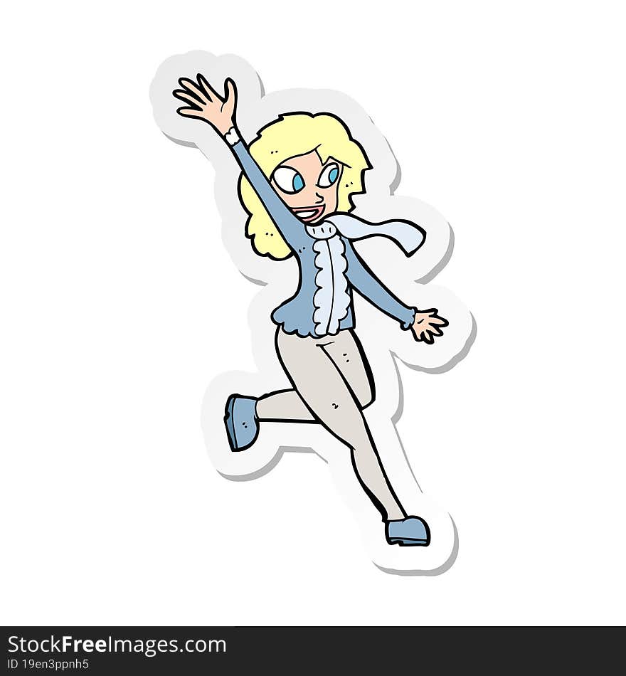 sticker of a cartoon woman waving dressed for winter