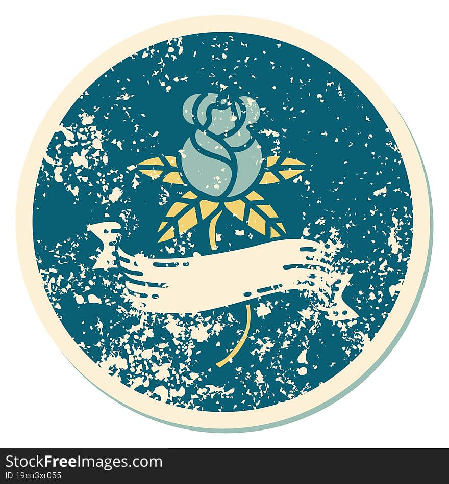 iconic distressed sticker tattoo style image of a rose and banner. iconic distressed sticker tattoo style image of a rose and banner