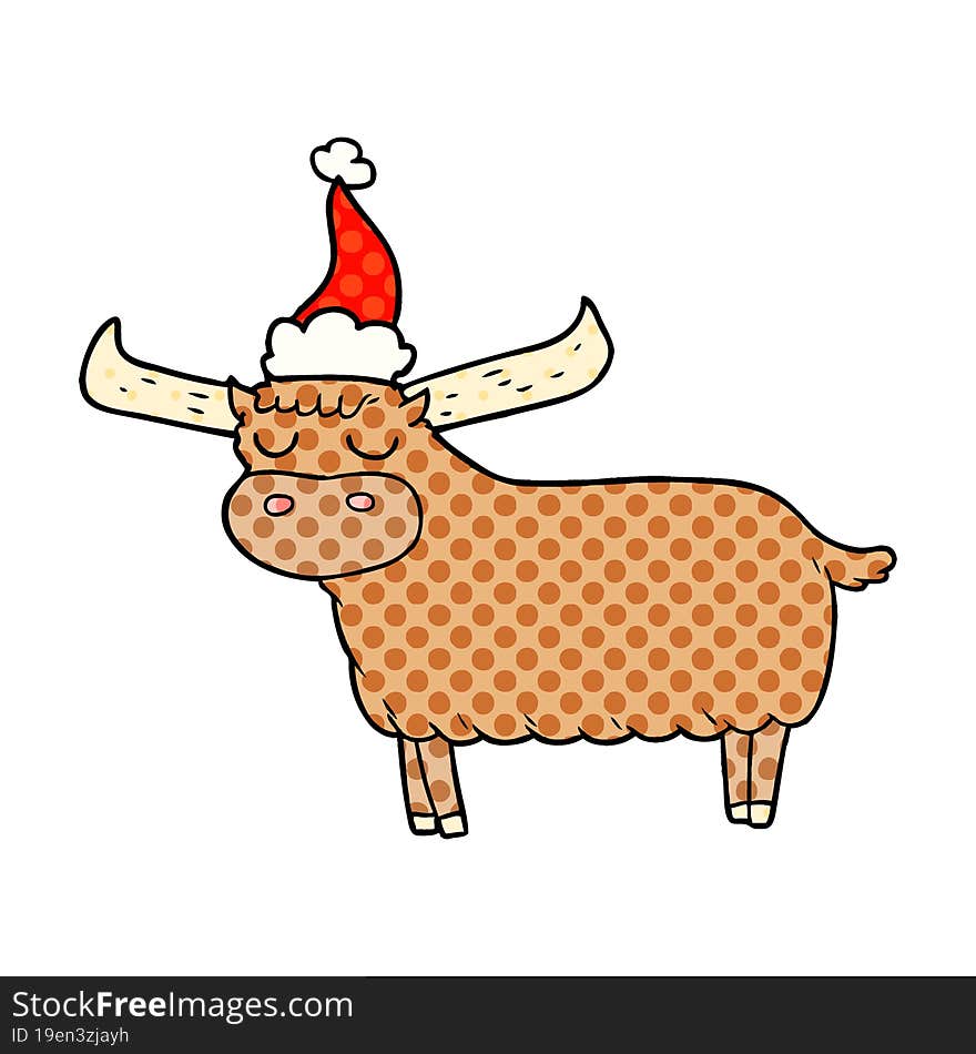 comic book style illustration of a bull wearing santa hat