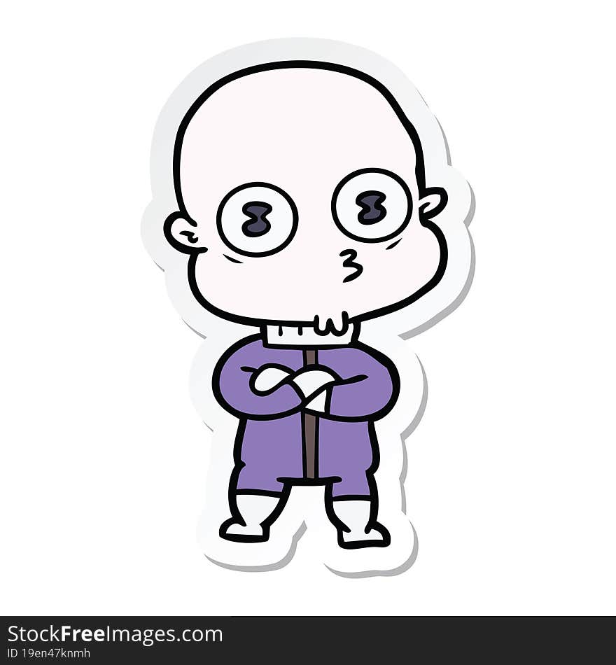 sticker of a cartoon weird bald spaceman