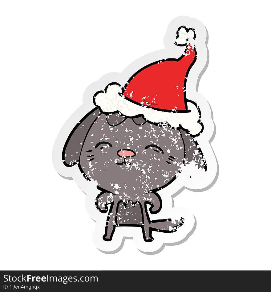 happy distressed sticker cartoon of a dog wearing santa hat