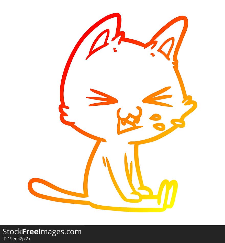 Warm Gradient Line Drawing Cartoon Sitting Cat Hissing