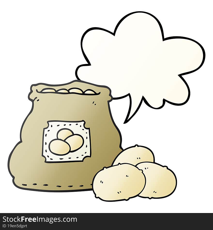 cartoon bag of potatoes and speech bubble in smooth gradient style