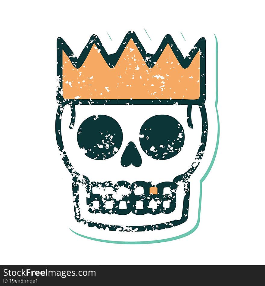 Distressed Sticker Tattoo Style Icon Of A Skull And Crown