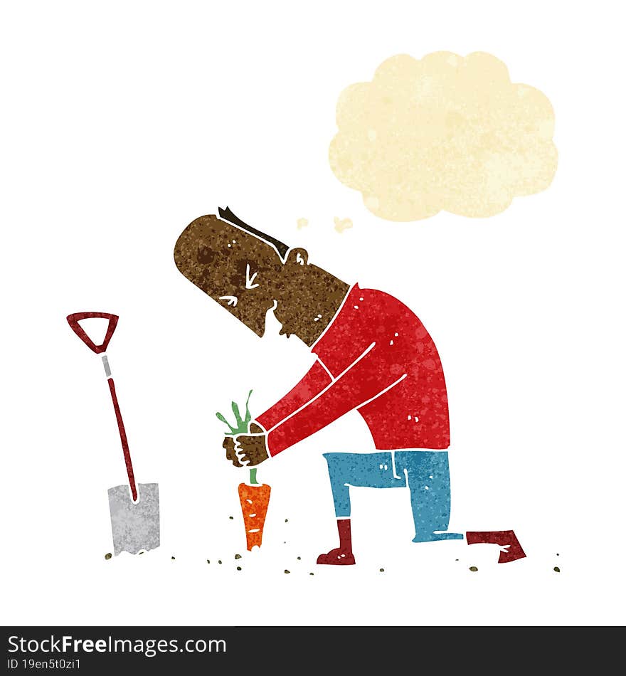 cartoon gardener with thought bubble