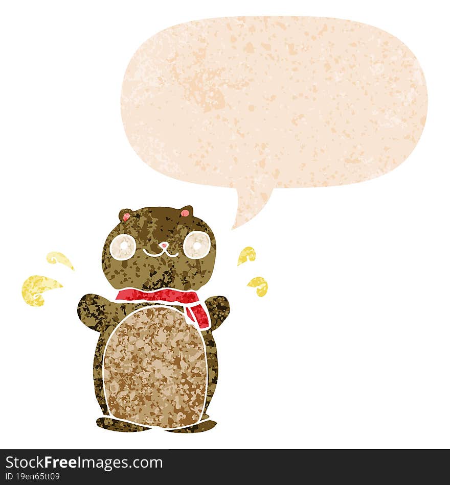 cartoon happy teddy bear and speech bubble in retro textured style