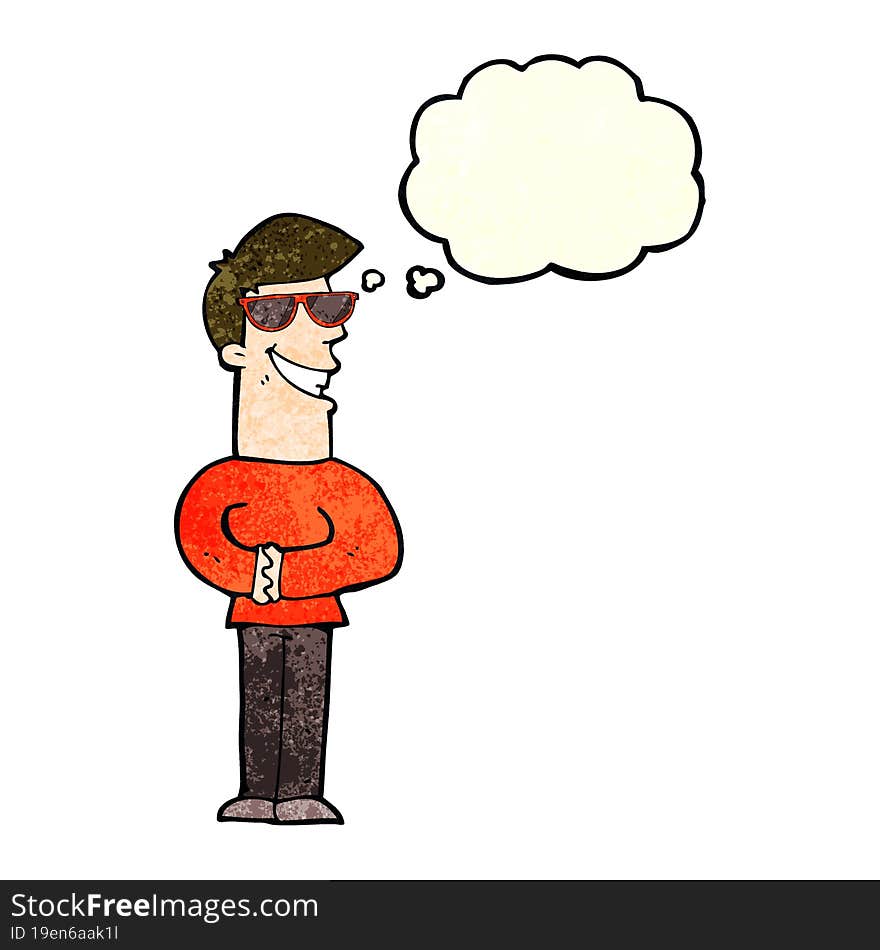 cartoon grinning man wearing sunglasses with thought bubble