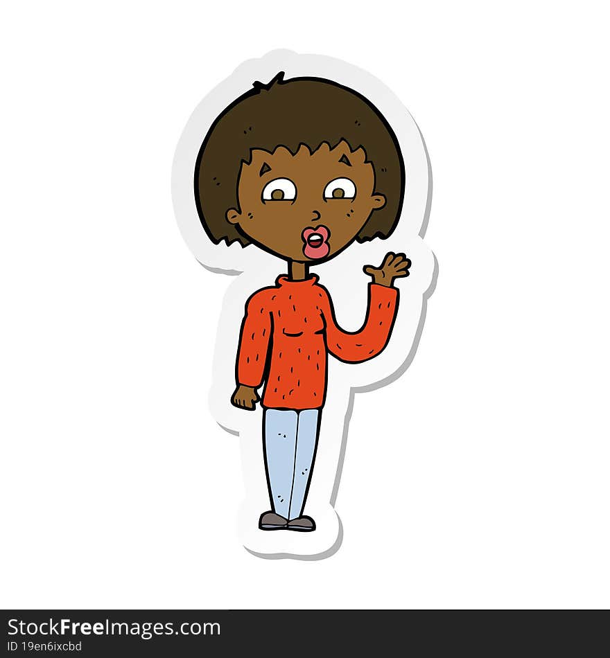 sticker of a cartoon woman waving