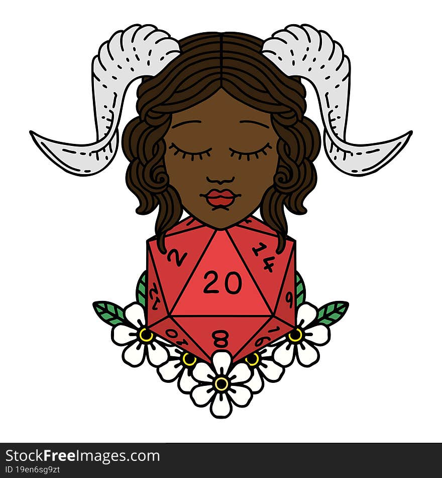 Retro Tattoo Style tiefling with natural 20 D20 dice roll. Retro Tattoo Style tiefling with natural 20 D20 dice roll