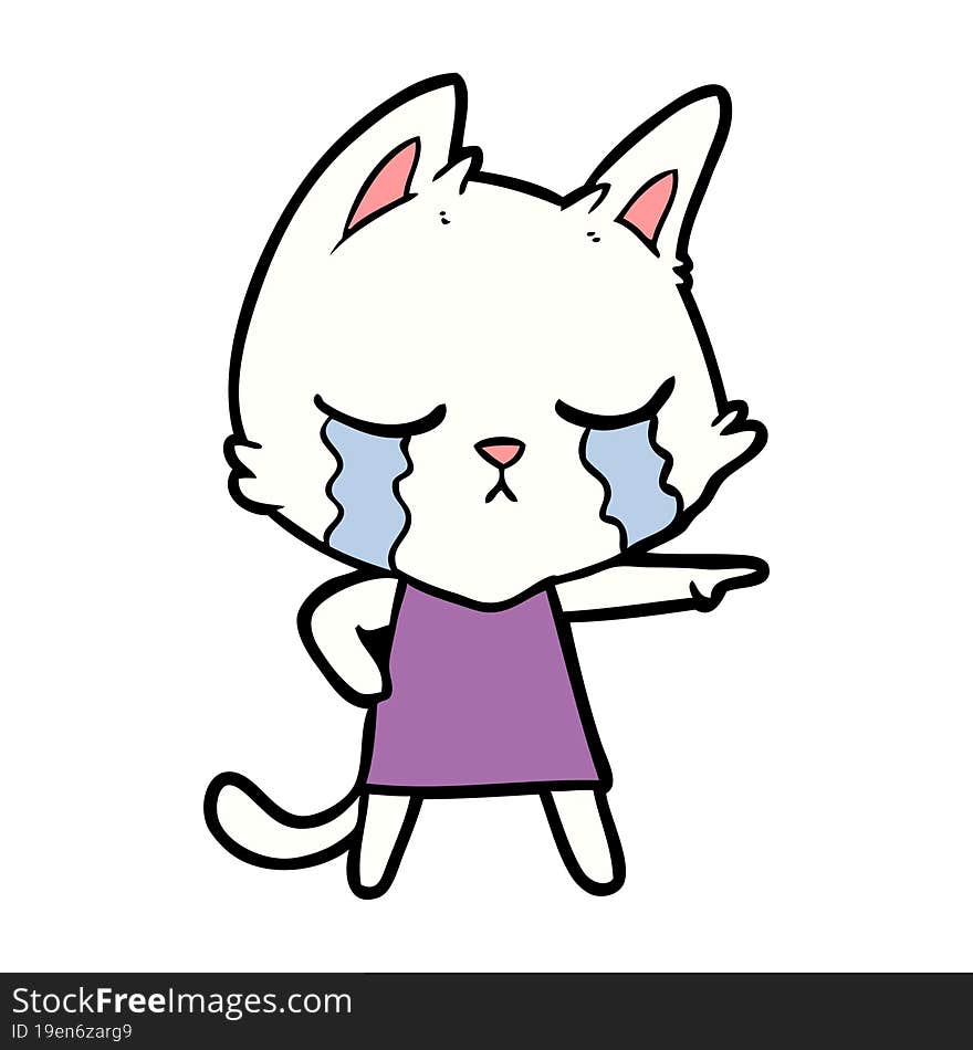 crying cartoon cat in dress pointing. crying cartoon cat in dress pointing