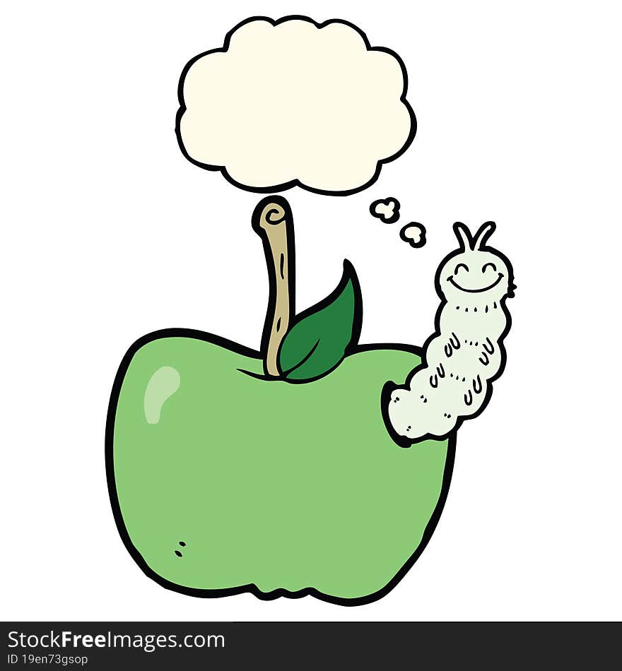 cartoon apple with bug with thought bubble