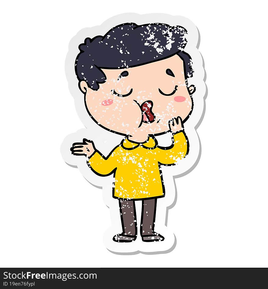 distressed sticker of a cartoon man talking