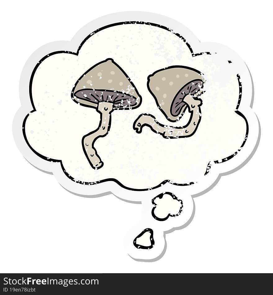 cartoon mushrooms and thought bubble as a distressed worn sticker