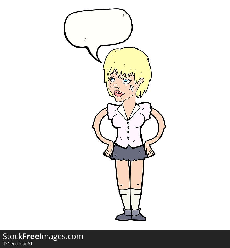 cartoon tough woman with hands on hips with speech bubble