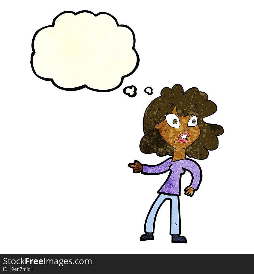 cartoon worried woman pointing with thought bubble