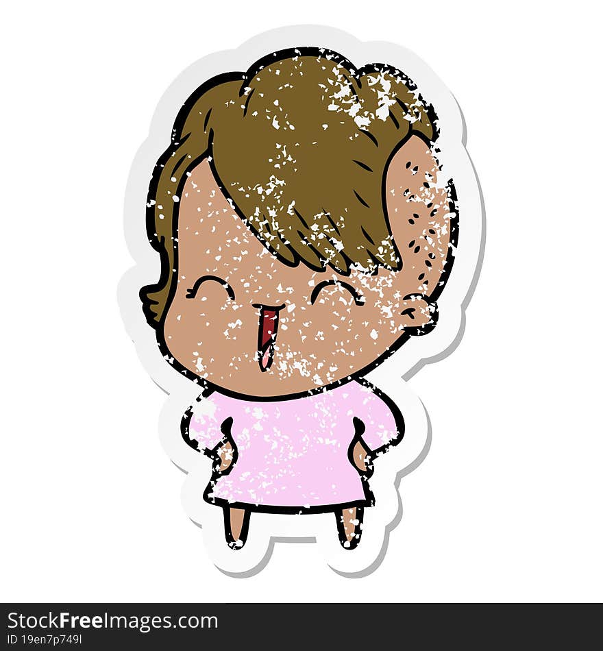 Distressed Sticker Of A Cartoon Happy Hipster Girl