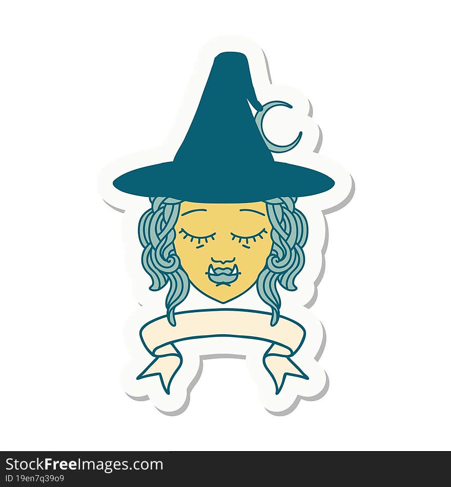 sticker of a half orc witch character face with banner. sticker of a half orc witch character face with banner