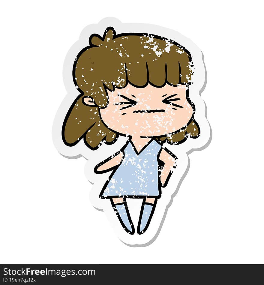 distressed sticker of a cartoon angry girl