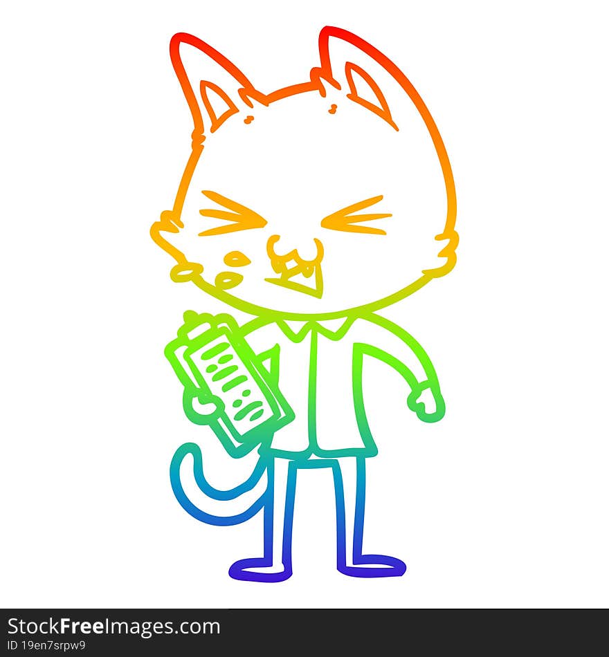 rainbow gradient line drawing cartoon salesman cat hissing