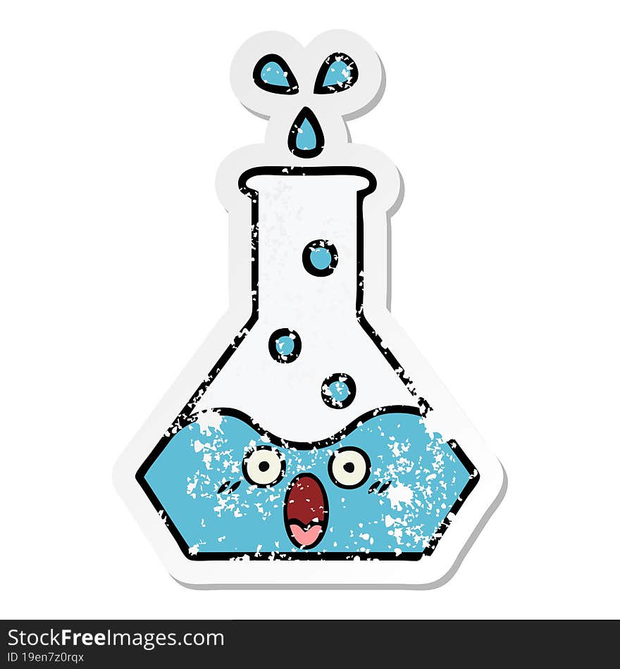 distressed sticker of a cute cartoon science beaker