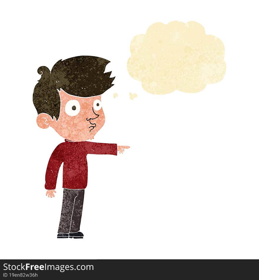 cartoon pointing boy with thought bubble