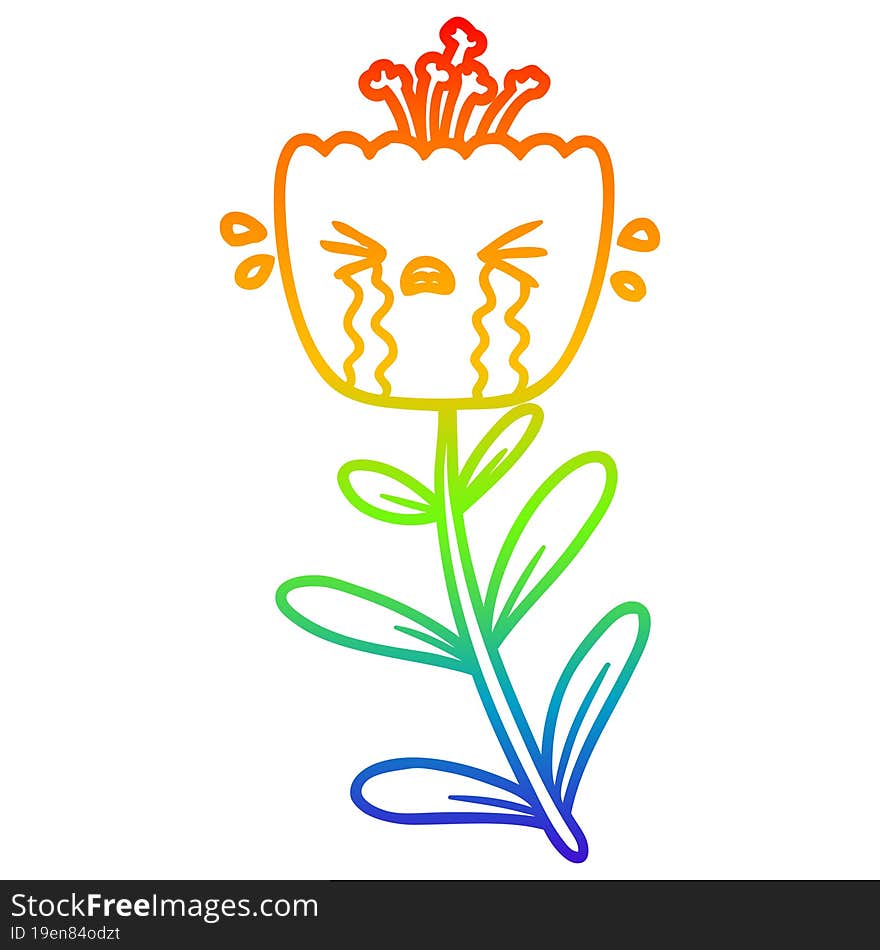 rainbow gradient line drawing of a cartoon crying flower