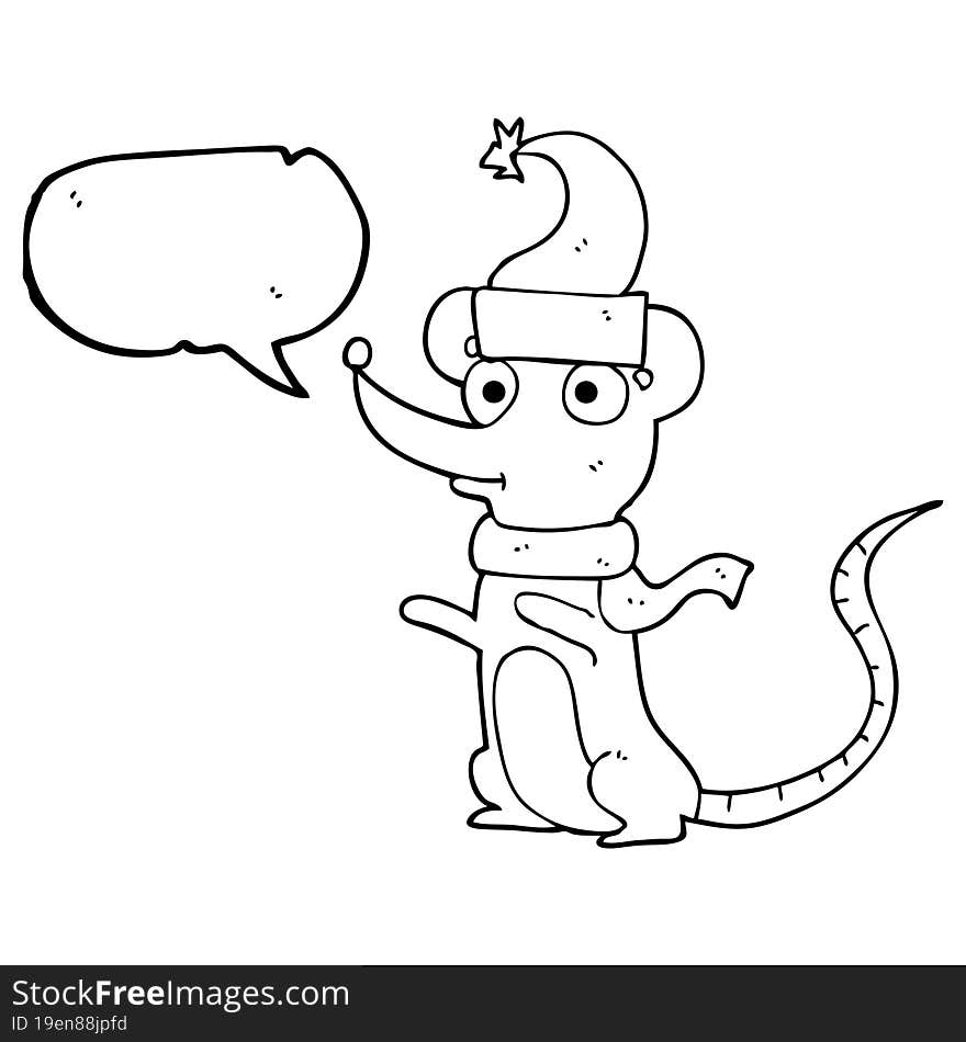 freehand drawn speech bubble cartoon mouse wearing christmas hat