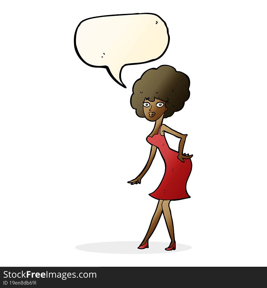 cartoon woman posing in dress with speech bubble