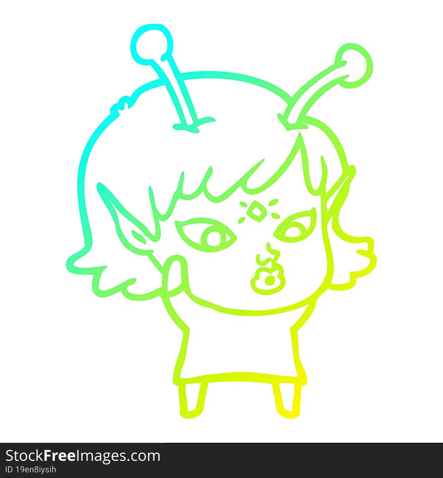 Cold Gradient Line Drawing Pretty Cartoon Alien Girl