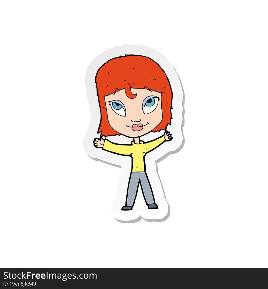 sticker of a cartoon happy woman waving arms