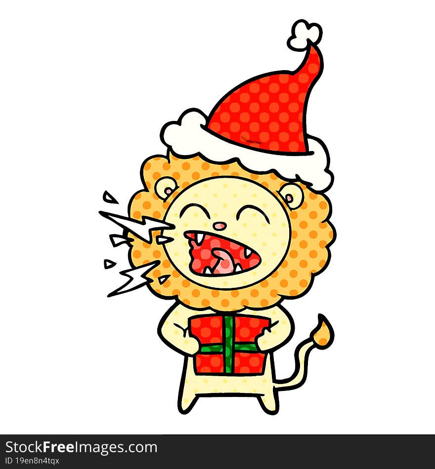 comic book style illustration of a roaring lion with gift wearing santa hat