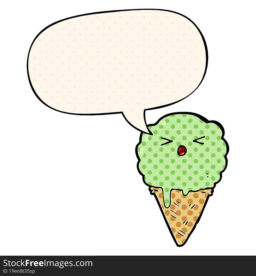 cartoon ice cream and speech bubble in comic book style