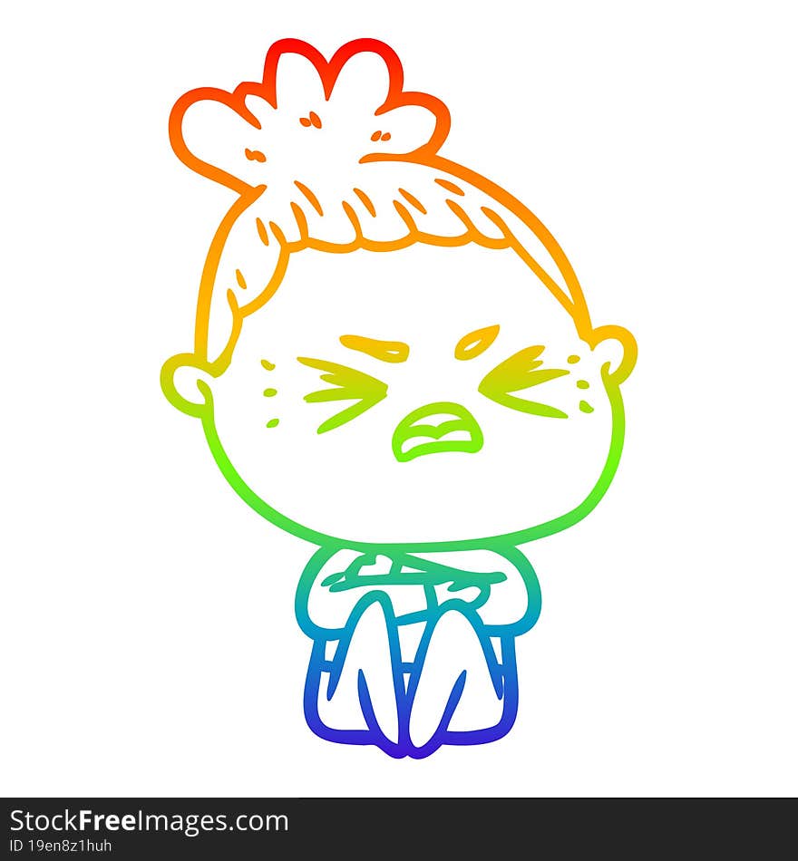 rainbow gradient line drawing of a cartoon angry woman