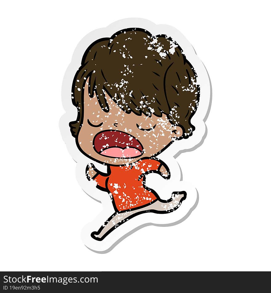 distressed sticker of a cartoon woman talking