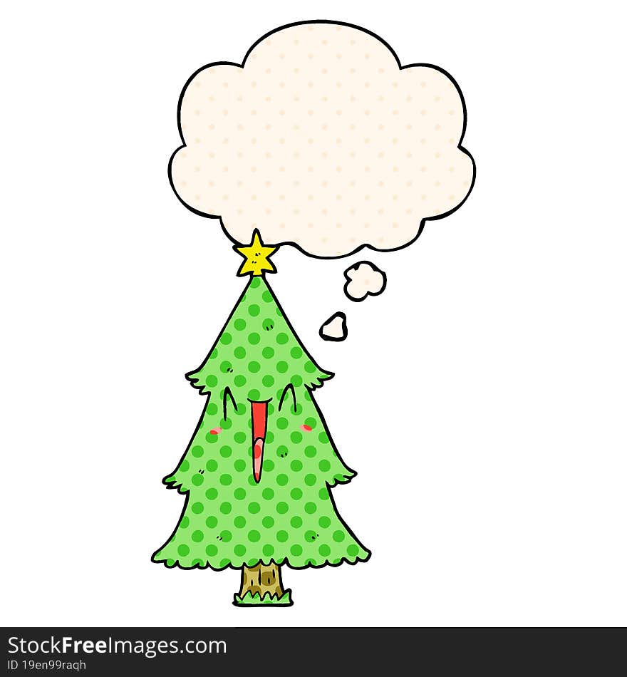 cartoon christmas tree with thought bubble in comic book style