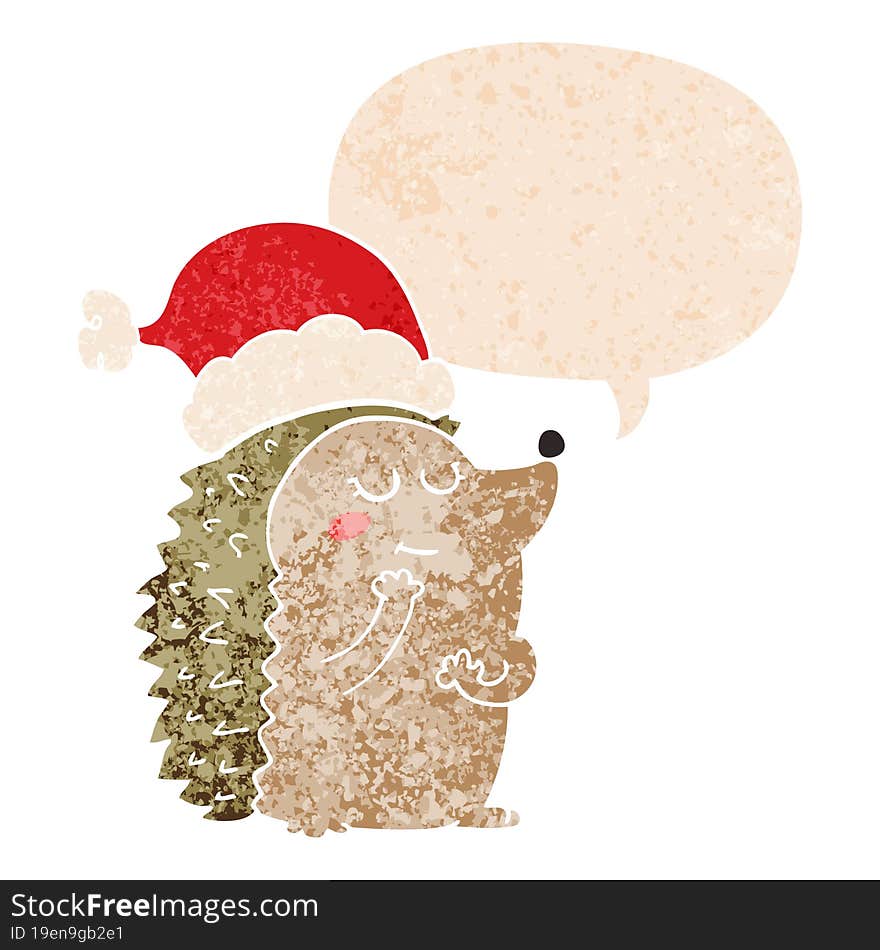 cartoon hedgehog wearing christmas hat and speech bubble in retro textured style