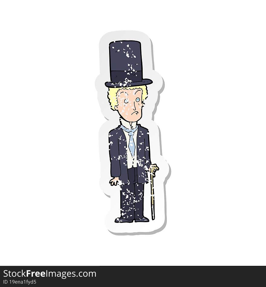 retro distressed sticker of a cartoon man wearing top hat