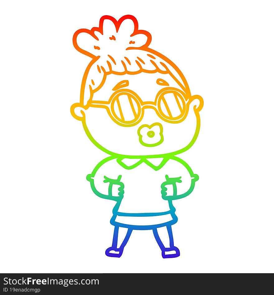 rainbow gradient line drawing of a cartoon woman wearing spectacles