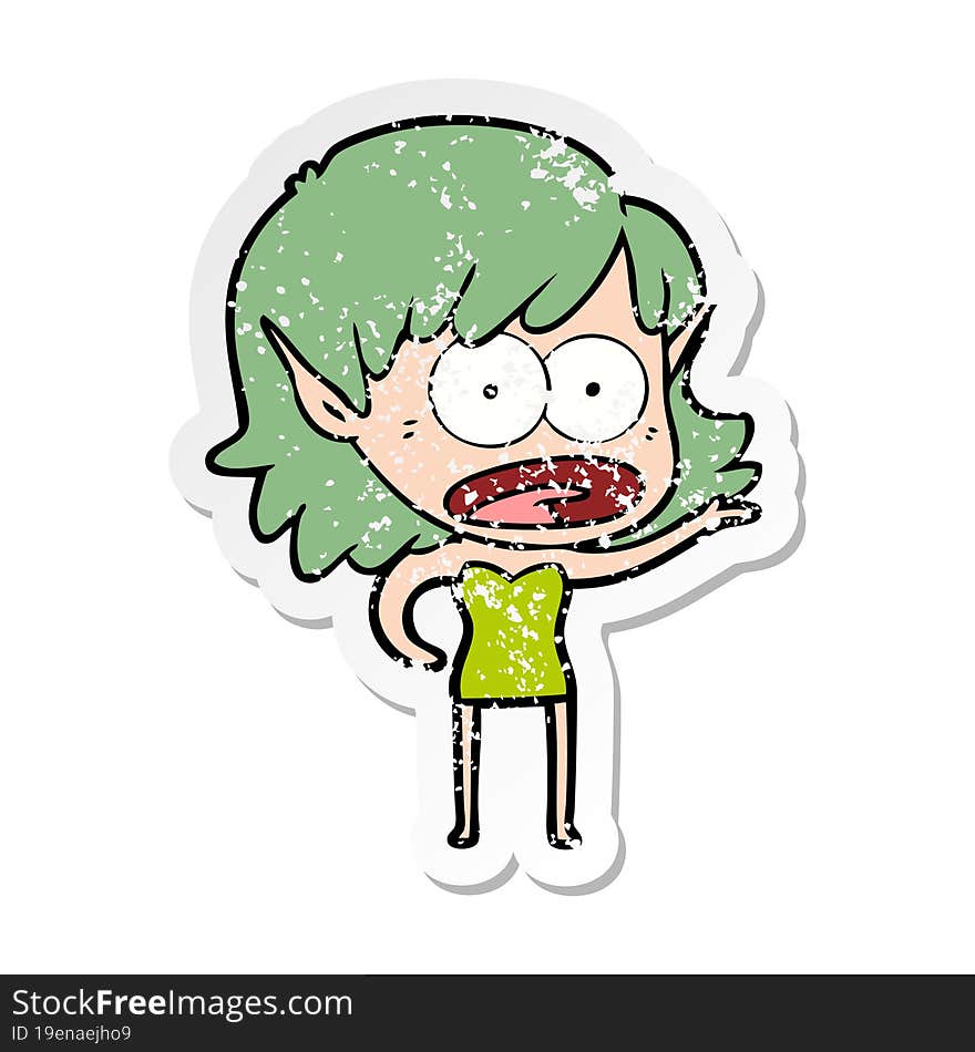 distressed sticker of a cartoon shocked elf girl