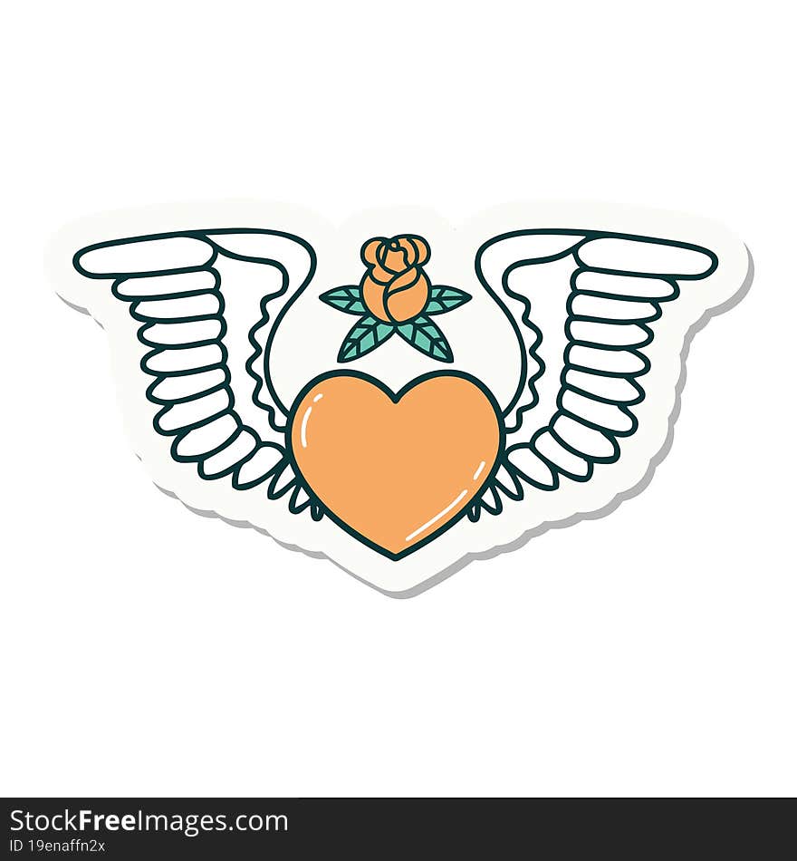 sticker of tattoo in traditional style of a heart with wings. sticker of tattoo in traditional style of a heart with wings