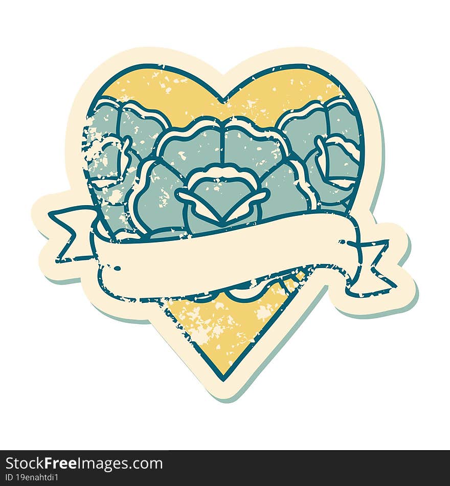 iconic distressed sticker tattoo style image of a heart and banner with flowers. iconic distressed sticker tattoo style image of a heart and banner with flowers