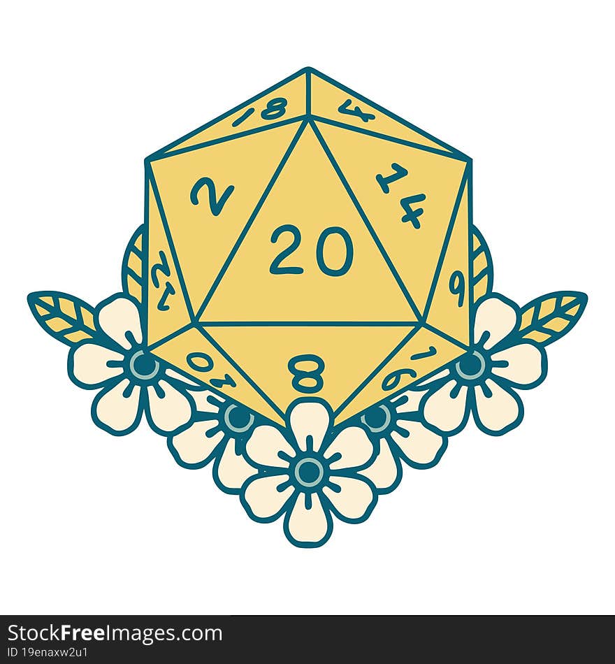 Natural 20 D20 Dice Roll With Floral Elements Illustration