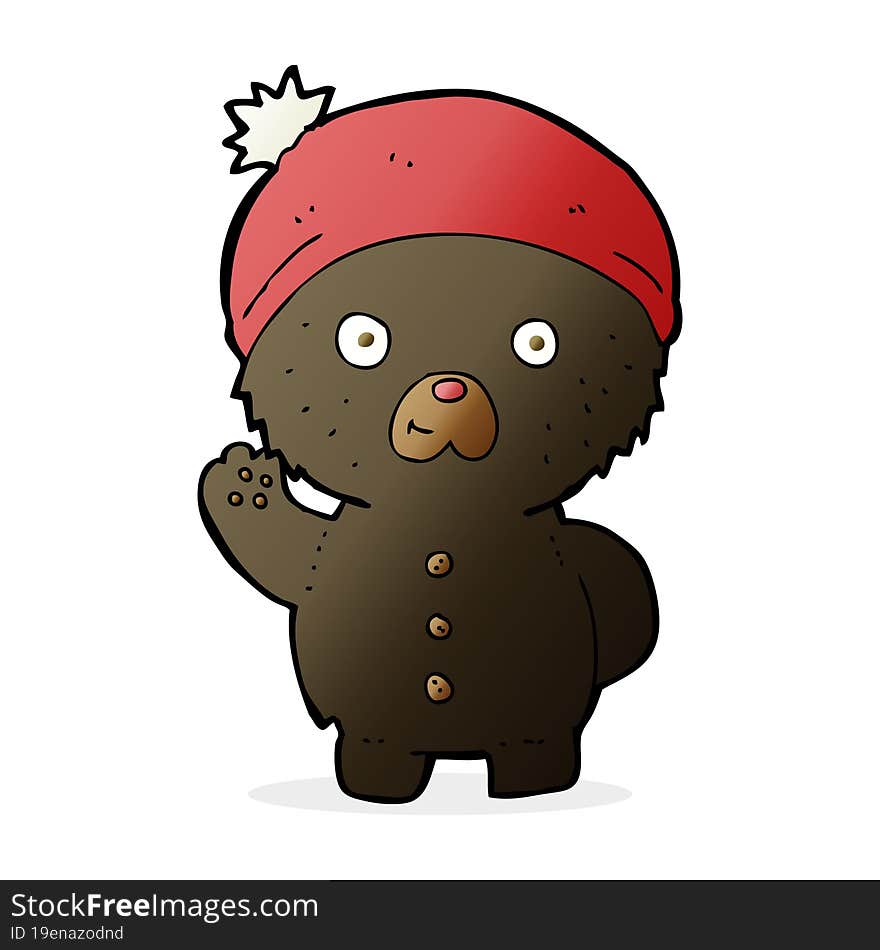 cartoon waving black teddy bear in winter hat