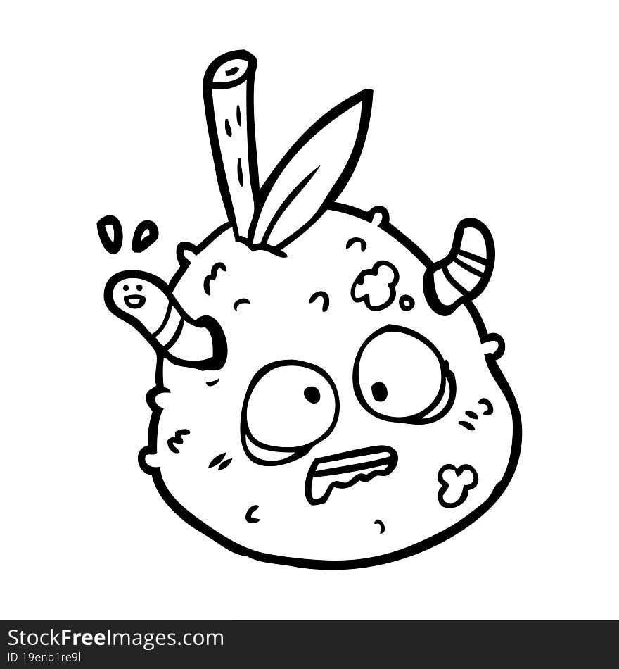 line drawing of a rotting old pear with worm. line drawing of a rotting old pear with worm