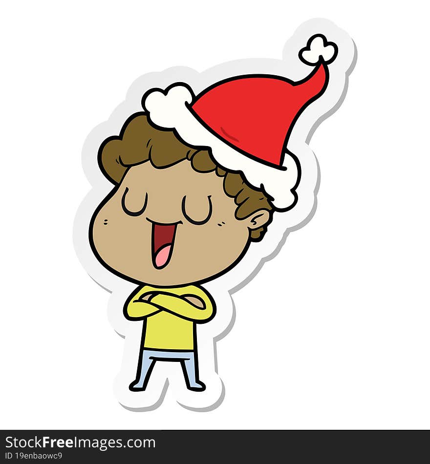 laughing hand drawn sticker cartoon of a man wearing santa hat. laughing hand drawn sticker cartoon of a man wearing santa hat