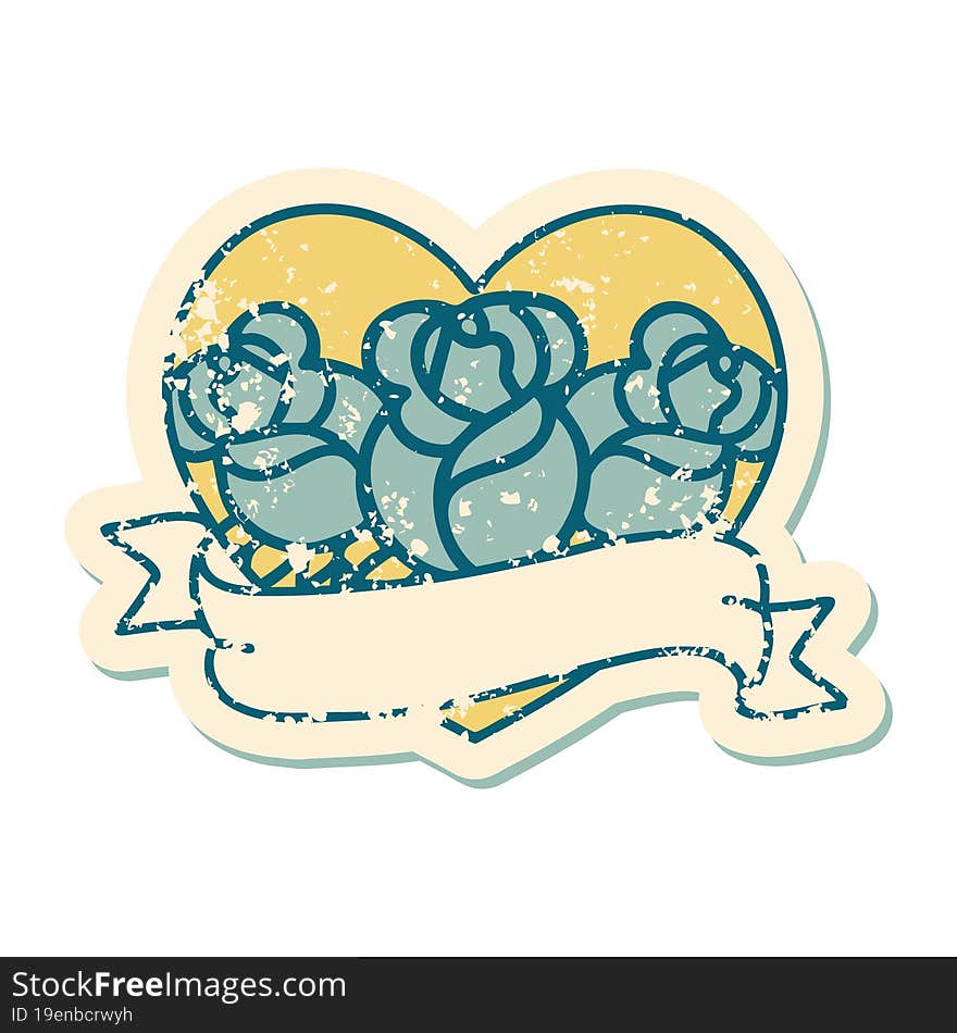 Distressed Sticker Tattoo Style Icon Of A Heart And Banner With Flowers